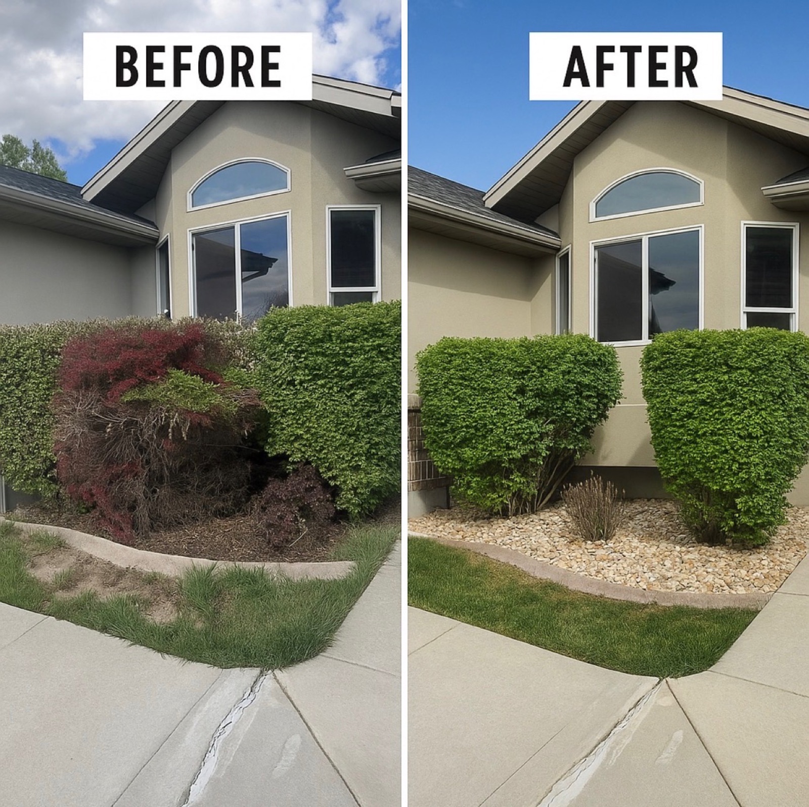 Front yard before and after — overgrown bushes trimmed and rock bed installed